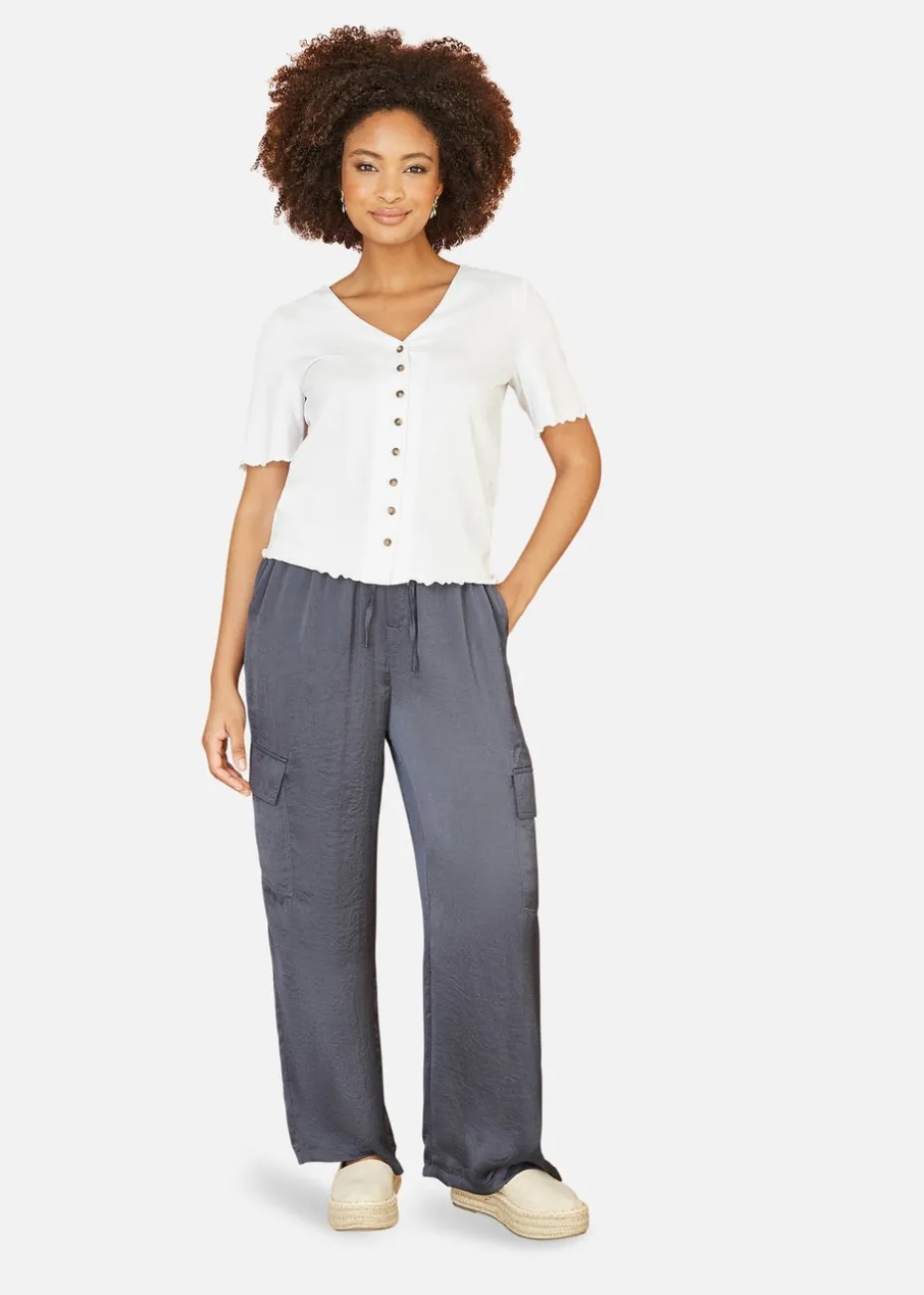 Yumi White Cotton Button Detail T-Shirt