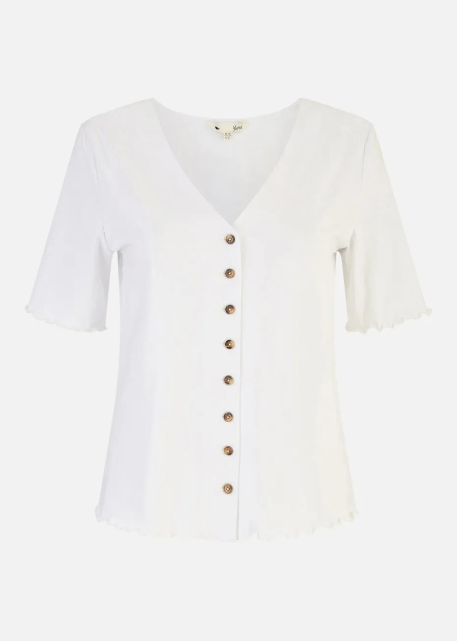 Yumi White Cotton Button Detail T-Shirt