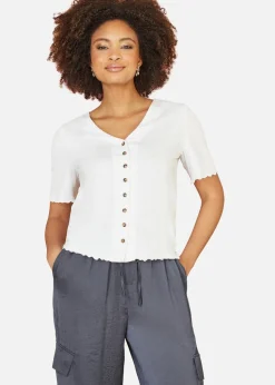 Yumi White Cotton Button Detail T-Shirt