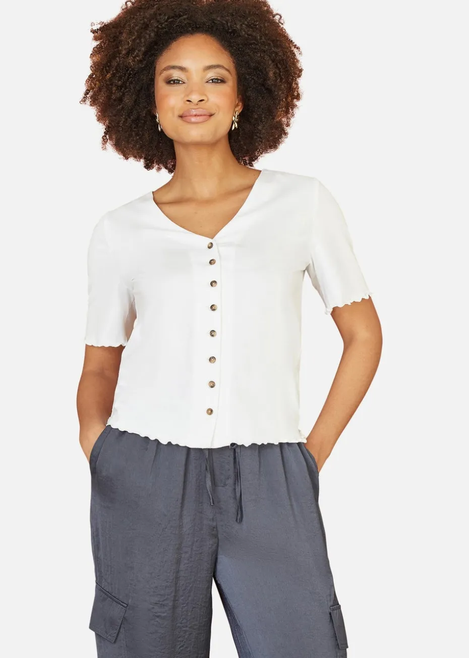Yumi White Cotton Button Detail T-Shirt