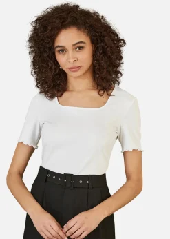 Yumi White Cotton Jersey Lettuce Trim T-Shirt