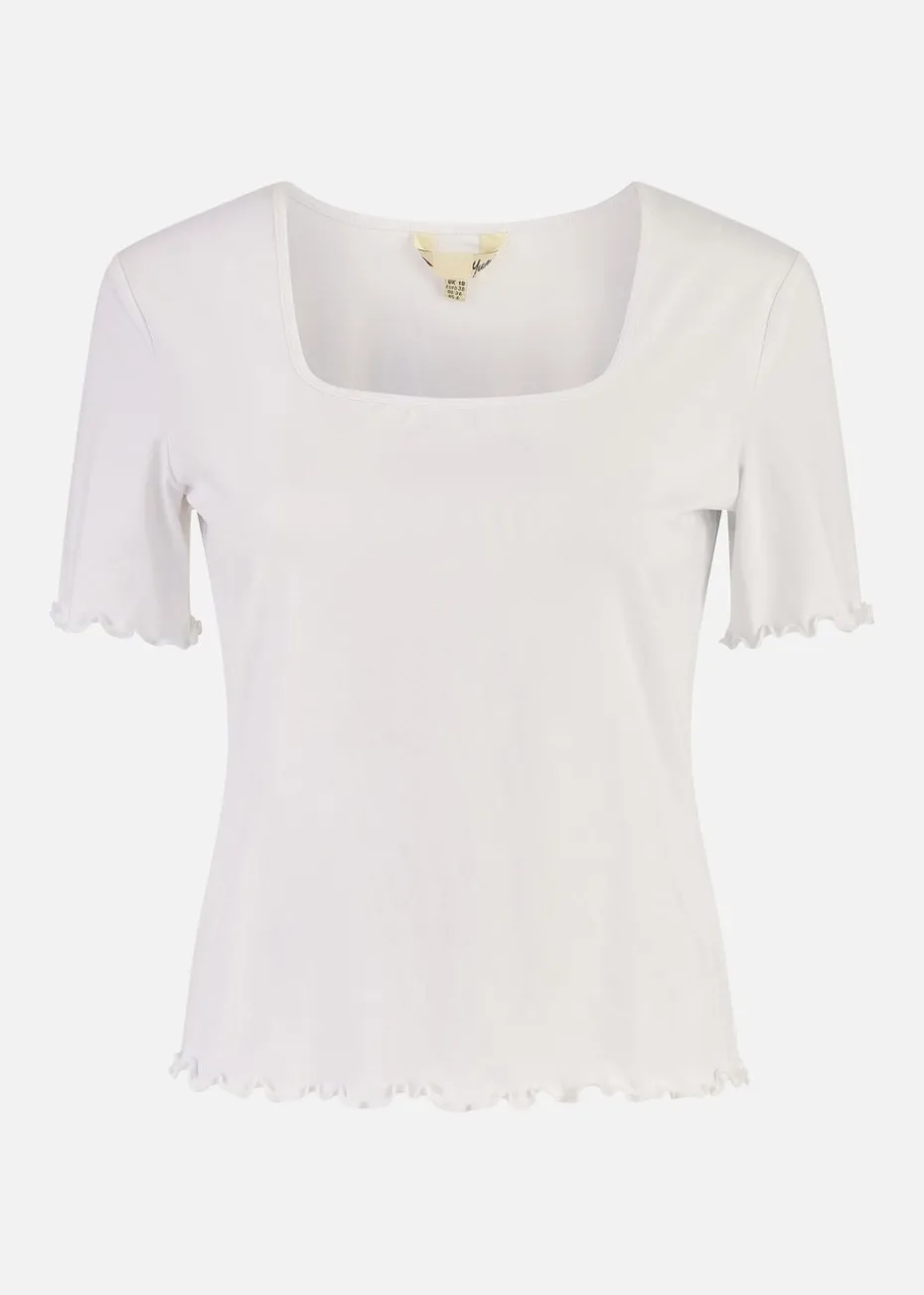 Yumi White Cotton Jersey Lettuce Trim T-Shirt