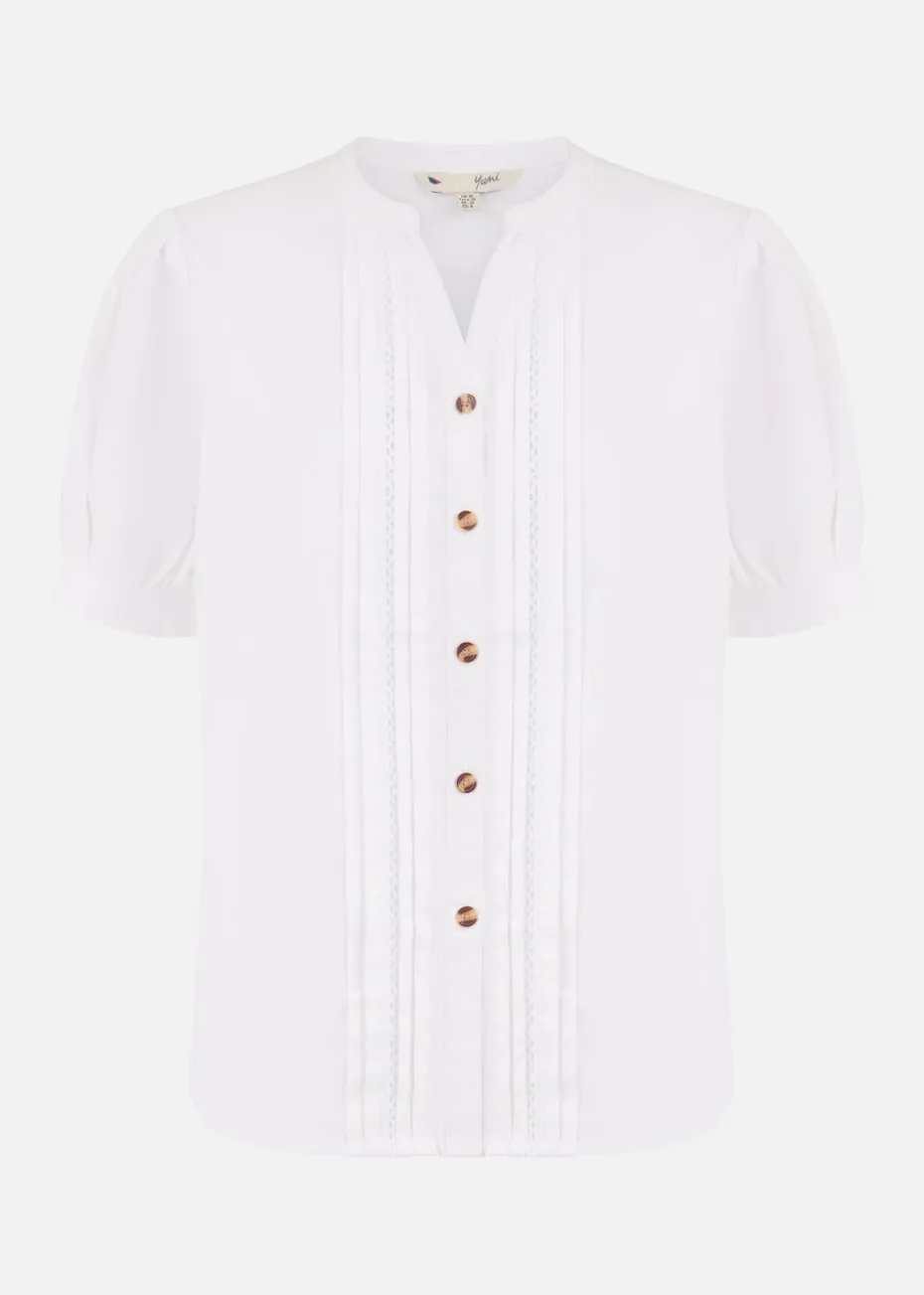 Yumi White Cotton Pleated Short Sleeve Shirt