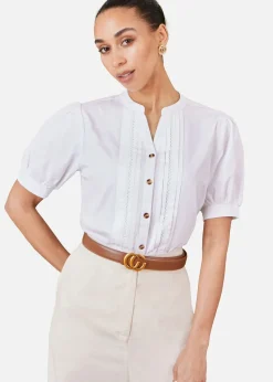 Yumi White Cotton Pleated Short Sleeve Shirt