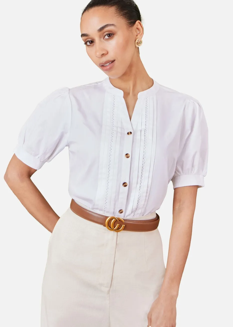 Yumi White Cotton Pleated Short Sleeve Shirt