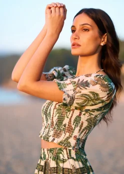 Yumi White Cotton Voile Safari Ruched Crop Top