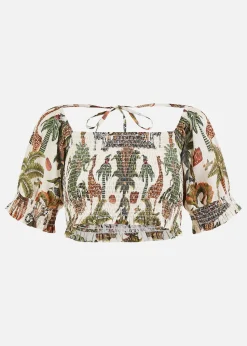 Yumi White Cotton Voile Safari Ruched Crop Top