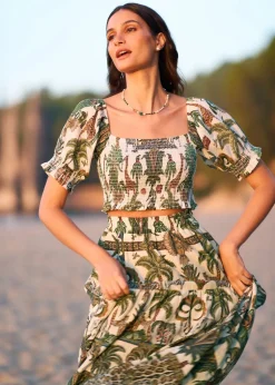 Yumi White Cotton Voile Safari Ruched Crop Top