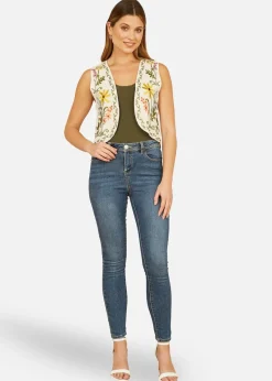 Yumi White Floral Embroidered Cotton Waist Coat