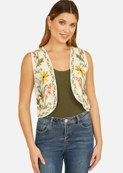 Yumi White Floral Embroidered Cotton Waist Coat