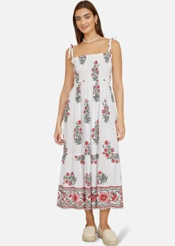 Yumi White Floral Printed Smocked Midi Dress