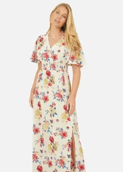 Yumi White Floral Recycled Fabric Ruched Waist Midi Dress