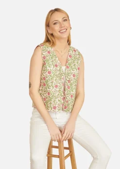 Yumi White Floral Reversible Cotton Quilted Waistcoat