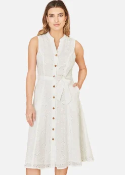 Yumi White Flower Broderie Anglaise Cotton Shirt Dress