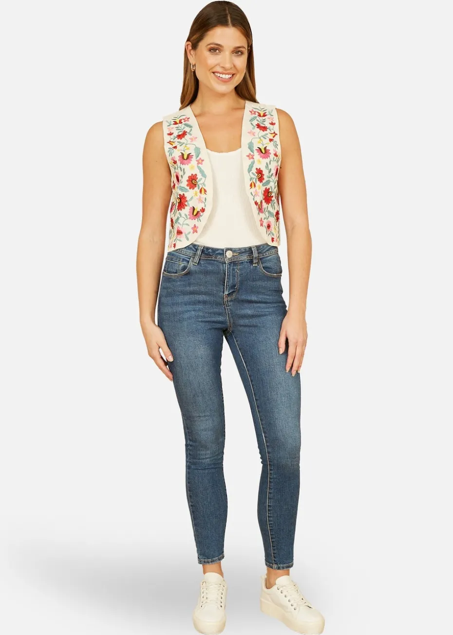 Yumi White Folk Embroidered Cotton Waist Coat