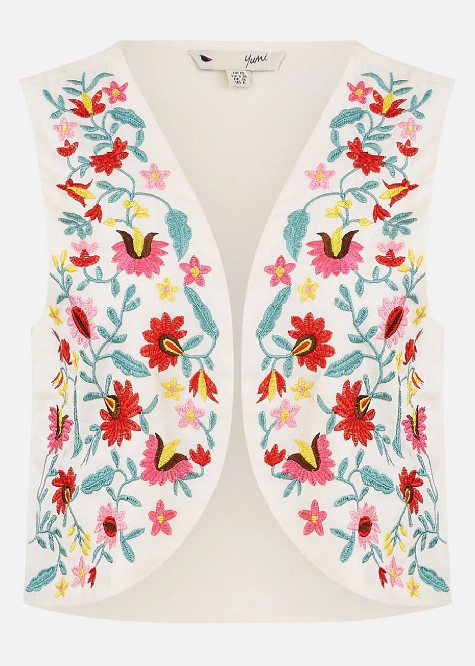 Yumi White Folk Embroidered Cotton Waist Coat