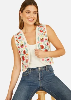 Yumi White Folk Embroidered Cotton Waist Coat
