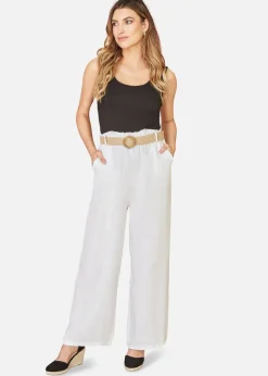 Yumi White Italian Linen Wide Leg Trousers With Belt