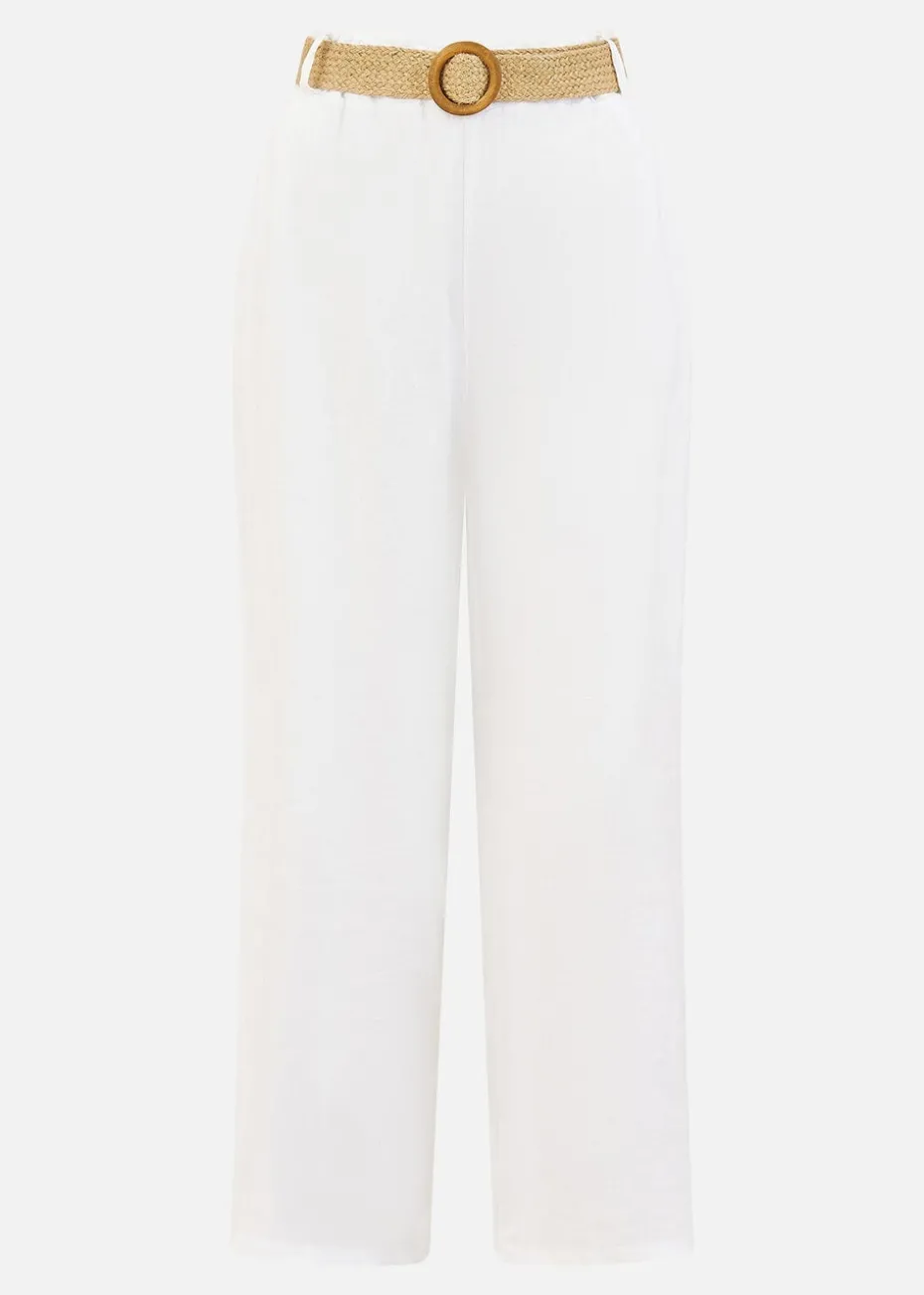 Yumi White Italian Linen Wide Leg Trousers With Belt
