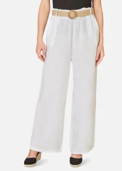 Yumi White Italian Linen Wide Leg Trousers With Belt