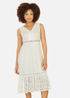 Yumi White Lace And Dobby Cotton Midi Dress