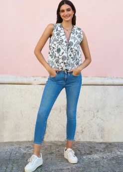 Yumi White Leaf Reversible Cotton Quilted Waistcoat