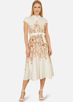 Yumi White Linen Floral Mirrored Placement Skater Dress