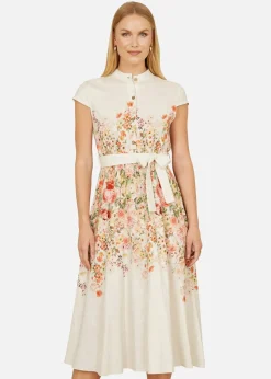 Yumi White Linen Floral Mirrored Placement Skater Dress