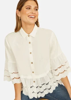 Yumi White Linen Relaxed Shirt With Scallop Trims