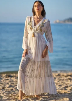 Yumi White Metallic Embellished Maxi Dress With Long Sleeves