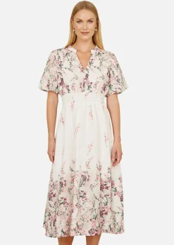 Yumi White Mirrored Floral Button Up Midi Dress With Ruched Waist