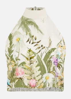 Yumi White Palm Print Halter Neck Top