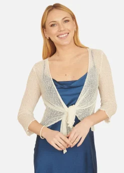 Yumi White Popcorn Yarn Tie Front Bolero