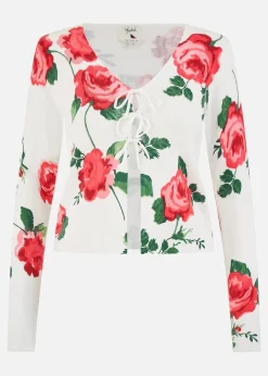 Yumi White Rose Print Cardigan With Tie Front
