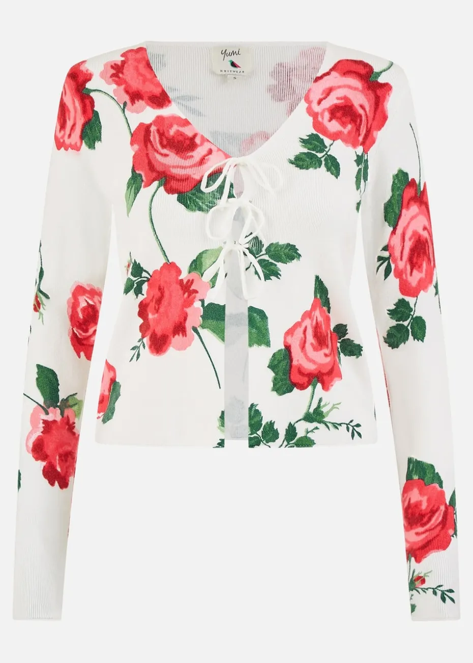 Yumi White Rose Print Cardigan With Tie Front