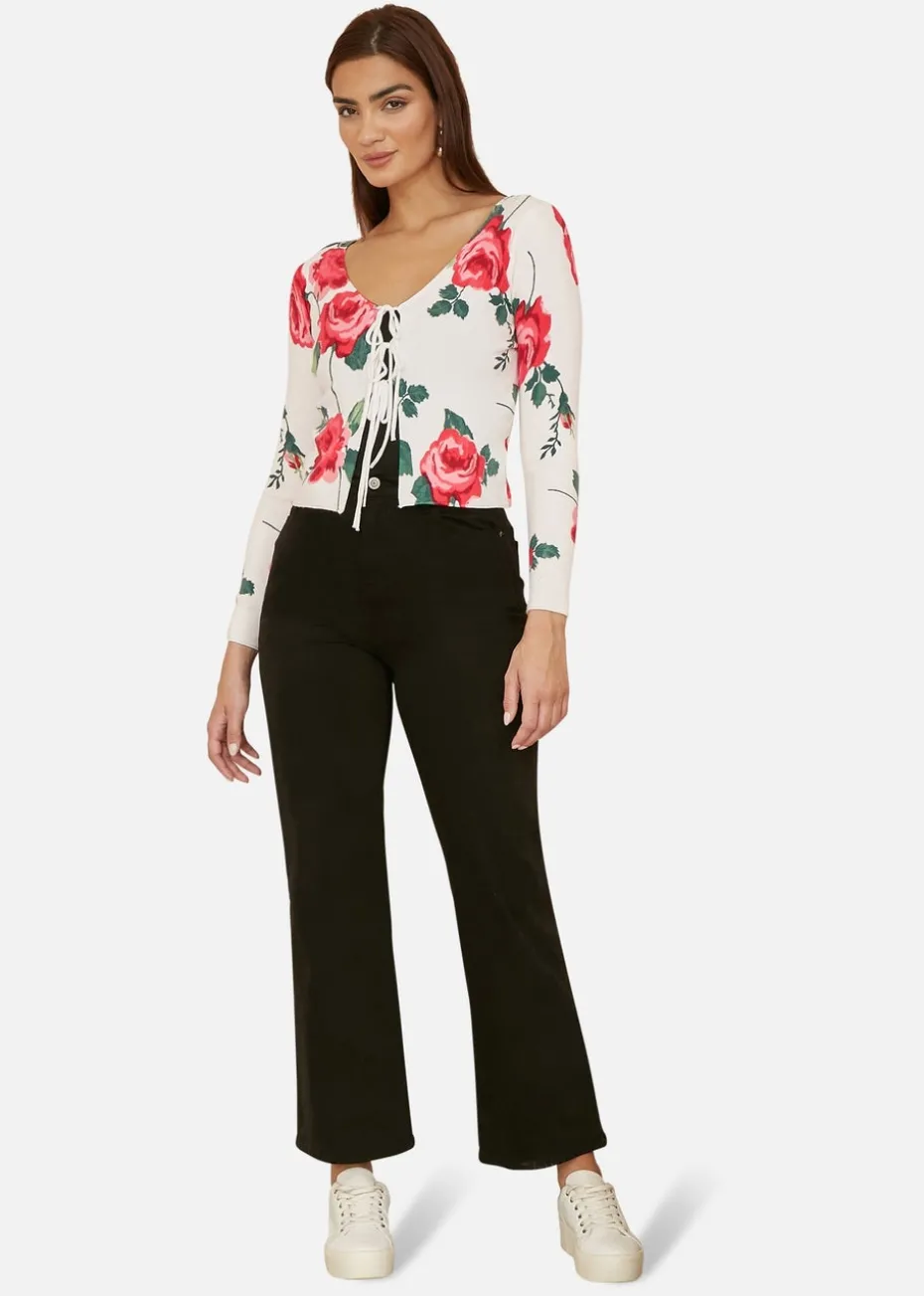 Yumi White Rose Print Cardigan With Tie Front
