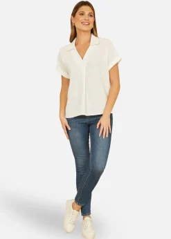 Yumi White Stretch Relaxed Top With Collar
