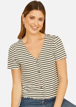 Yumi White Striped Cotton Jersey Lettuce Trim T-Shirt