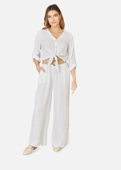 Yumi White Striped Italian Linen Wide Leg Trousers With Belt