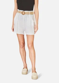 Yumi White Striped Italian Linen Shorts With Belt
