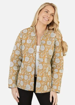 Yumi Yellow Floral Print Reversible Cotton Quilted Jacket